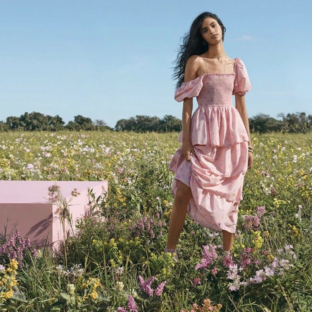 LoveShackFancy dress LSF midi maxi XXS pink tiered Simone Smocked ruffle